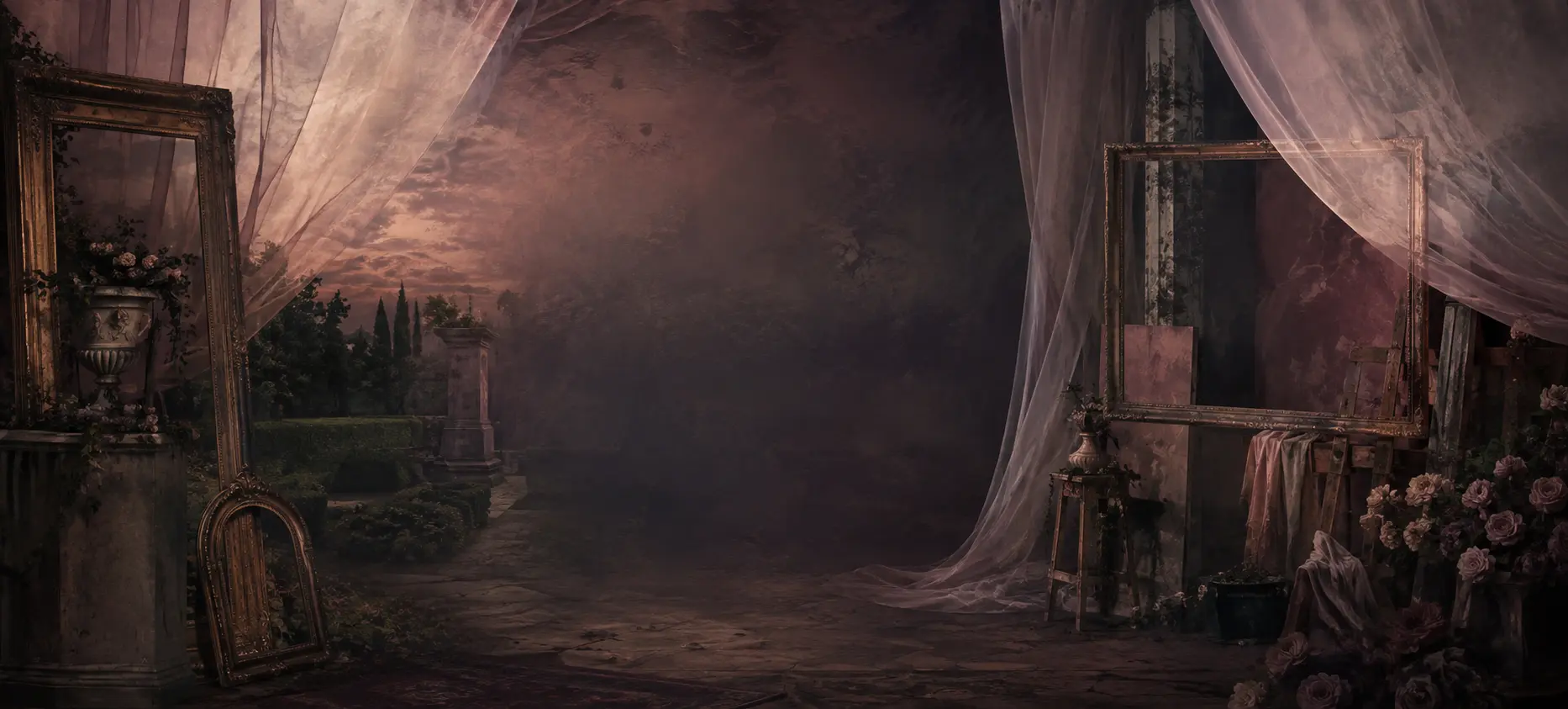 Cinematic garden atelier installation with layered curtains, gallery frames, and painterly dusk light