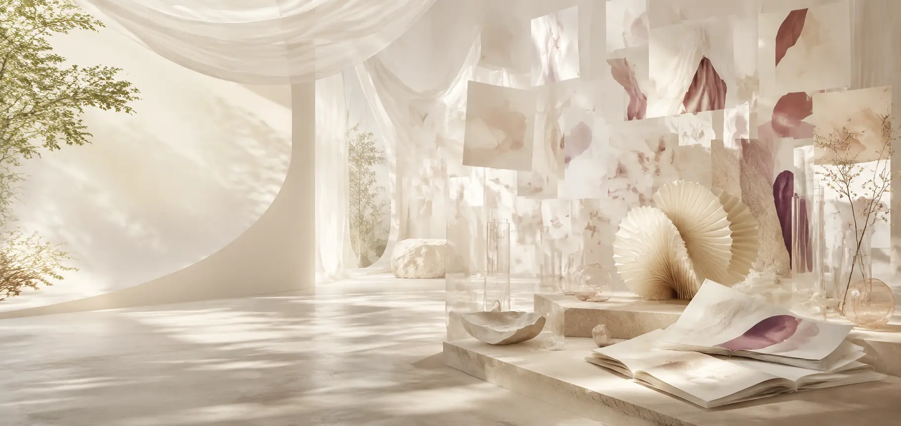 Luminous contemporary atelier with suspended campaign pages, sculptural paper, glass, and soft botanical light